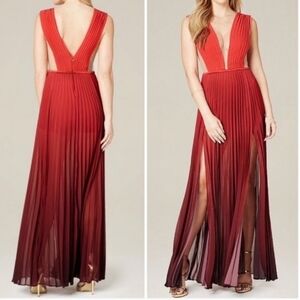Bebe red ombre pleated double  split illusion bodice formal evening gown
